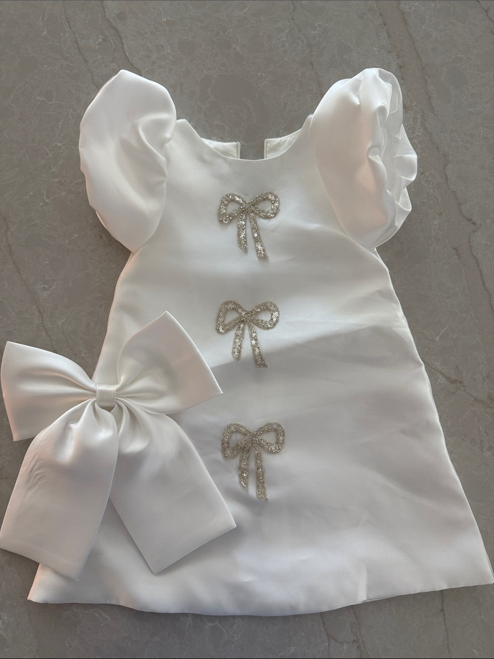 White Satin Girls'  Dress with Bow and Crystal Bows